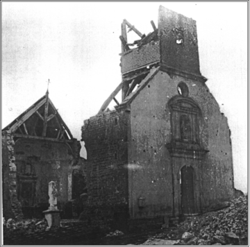 Ruines de l'église Martincourt sur Meuse en mai 1940.