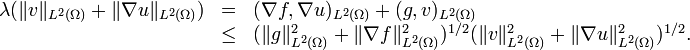 
\begin{array}{rcl}
\lambda (\|v\|_{L^2(\Omega)} + \|\nabla u\|_{L^2(\Omega)}) & =&  ( \nabla f,\nabla u)_{L^2(\Omega)} + (g, v)_{L^2(\Omega)} \\
& \leq & (\|g\|_{L^2(\Omega)}^2 + \|\nabla f\|_{L^2(\Omega)}^2)^{1/2}(\|v\|_{L^2(\Omega)}^2+\|\nabla u\|_{L^2(\Omega)}^2)^{1/2}.
\end{array}
