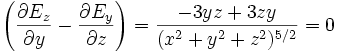 \left(\frac {\partial E_z} {\partial y}-\frac {\partial E_y} {\partial z}\right)=\frac{-3yz+3zy}{(x^2+y^2+z^2)^{5/2}}  
 =0