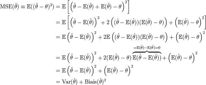 \begin{align}\operatorname{MSE}(\hat{\theta})\equiv \mathbb{E}((\hat{\theta}-\theta)^2)&=
 \mathbb{E}\left[\left(\hat{\theta}-\mathbb{E}(\hat\theta)+\mathbb{E}(\hat\theta)-\theta\right)^2\right]
\\ & =
\mathbb{E}\left[\left(\hat{\theta}-\mathbb{E}(\hat\theta)\right)^2 +2\left((\hat{\theta}-\mathbb{E}(\hat\theta))(\mathbb{E}(\hat\theta)-\theta)\right)+\left( \mathbb{E}(\hat\theta)-\theta \right)^2\right]
\\ & = \mathbb{E}\left(\hat{\theta}-\mathbb{E}(\hat\theta)\right)^2+2\mathbb{E}\left((\hat{\theta}-\mathbb{E}(\hat\theta))(\mathbb{E}(\hat\theta)-\theta)\right)+\left(\mathbb{E}(\hat\theta)-\theta\right)^2
\\ & = \mathbb{E}\left(\hat{\theta}-\mathbb{E}(\hat\theta)\right)^2+2(\mathbb{E}(\hat\theta)-\theta)\overbrace{\mathbb{E}(\hat{\theta}-\mathbb{E}(\hat\theta))}^{=\mathbb{E}(\hat\theta)-\mathbb{E}(\hat\theta)=0}+\left(\mathbb{E}(\hat\theta)-\theta\right)^2
\\ & = \mathbb{E}\left(\hat{\theta}-\mathbb{E}(\hat\theta)\right)^2+\left(\mathbb{E}(\hat\theta)-\theta\right)^2
\\ & = \operatorname{Var}(\hat\theta)+ \operatorname{Biais}(\hat\theta)^2
\end{align}