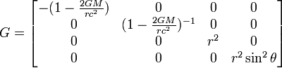 G = \begin{bmatrix} -(1-\frac{2GM}{rc^2}) & 0 & 0 & 0\\ 0 & (1-\frac{2GM}{r c^2})^{-1} & 0 & 0 \\ 0 & 0 & r^2 & 0 \\ 0 & 0 & 0 & r^2 \sin^2 \theta \end{bmatrix}