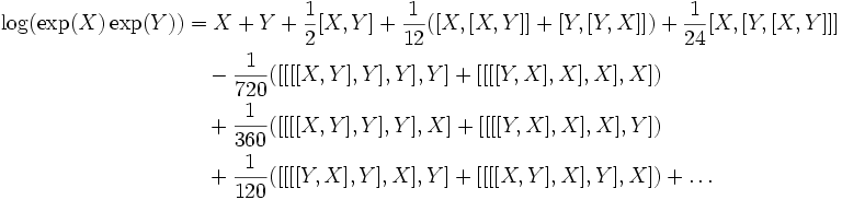 \begin{align}\log(\exp(X)\exp(Y))&=X+Y+\frac{1}{2}[X,Y]+
\frac{1}{12}([X,[X,Y]]+[Y,[Y,X]])+\frac{1}{24}[X,[Y,[X,Y]]]\\
&\quad 
- \frac{1}{720}([[[[X,Y],Y],Y],Y] +[[[[Y,X],X],X],X])
\\
&\quad +\frac{1}{360}([[[[X,Y],Y],Y],X]+[[[[Y,X],X],X],Y])\\
&\quad 
+ \frac{1}{120}([[[[Y,X],Y],X],Y] +[[[[X,Y],X],Y],X]) +\dots\end{align}