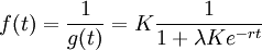  f(t) = \frac{1}{g(t)}= K \frac{1}{1+\lambda K e^{-rt}}