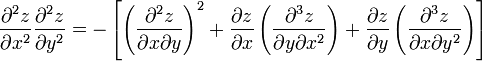 \frac{\partial^2 z}{\partial x^2}\frac{\partial^2 z}{\partial y^2} = -\left[\left(\frac{\partial^2 z}{\partial x\partial y}\right)^2
+\frac{\partial z}{\partial x}\left(\frac{\partial^3 z}{\partial y\partial x^2}\right)
+\frac{\partial z}{\partial y}\left(\frac{\partial^3 z}{\partial x\partial y^2}\right)\right]
