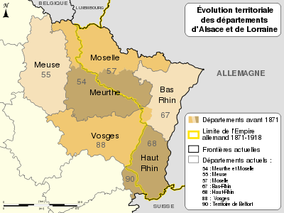 Carte du nord-est de la France montrant la frontière de l'Empire germanique séparant le Haut-Rhin de l'actuel Territoire-de-Belfort, rajoutant deux cantons vosgiens au Bas-Rhin, coupant l'ancien département de la Meurthe en son tiers nord-est et l'ancien département de la Moselle en son quart ouest. Les deux territoires nord-est ont formé le département actuel de la Moselle et ceux du sud-ouest l'actuel département de la Meurthe-et-Moselle.