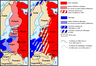 Deux cartes en couleur représentent la partition de la Pologne par le pacte germano-soviétique. La première montre les sphères d'influences respectives des deux puissances, et la seconde les zones d'occupation en 1940.