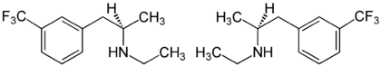 Structure chimique de la (S)-fenfluramine (à droite) et de la (R)-fenfluramine (à gauche)