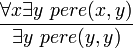 \frac{\forall x \exists y \  pere(x,y)}{\exists y \ pere(y,y)}