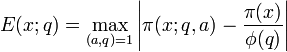 E(x;q) = \max_{(a,q) = 1} \left|\pi(x;q,a) - \frac{\pi(x)}{\phi(q)}\right|