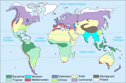 Carte du monde climatique en couleur.