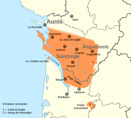 Carte représentant l'aire linguistique du Saintongeais dans les Charente et le Nord-Gironde