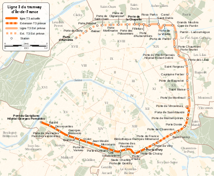 Carte montrant le tracé du T3 à Paris, et l'extension prévue de la ligne à l'est, puis au nord de Paris.