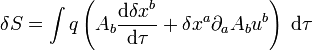 \delta S = \int q \left(A_b \frac{{\rm d} \delta x^b}{{\rm d} \tau} + \delta x^a \partial_a A_b u^b \right)\; {\rm d} \tau