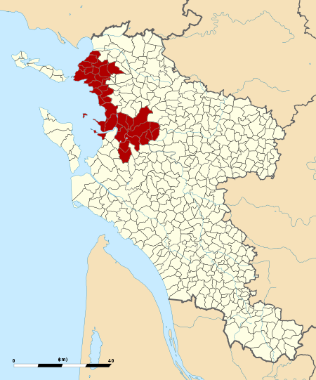 Carte localisant les 36 communes de la Charente-Maritime faisant partie du bipôle La Rochelle-Rochefort