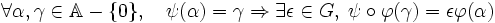 \forall \alpha, \gamma \in \mathbb A - \{0\}, \quad \psi (\alpha) = \gamma \Rightarrow \exists \epsilon \in G,\;\psi\circ \varphi(\gamma) = \epsilon \varphi(\alpha) \;