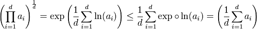 \left(\prod_{i=1}^d a_i\right)^{\frac 1d} = \exp\left(\frac 1d\sum_{i=1}^d \ln(a_i)\right)  \le \frac 1d \sum_{i=1}^d \exp \circ \ln(a_i) = \left(\frac 1d\sum_{i=1}^d a_i\right)