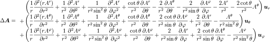 \Delta \boldsymbol  A = \begin{array}{l} 
\displaystyle \quad\left(\frac{1}{r} \frac{\partial^2 (r  A^r)}{\partial r^2} + \frac{1}{r^2} \frac{\partial^2 A^r}{\partial \theta^2} + \frac{1}{r^2  \sin^2 \theta} \frac{\partial^2 A^r}{\partial \varphi^2} + \frac{\cot \theta}{r^2} \frac{\partial A^r}{\partial \theta} - \frac{2}{r^2} \frac{\partial A^\theta}{\partial \theta} - \frac{2}{r^2  \sin \theta} \frac{\partial A^\varphi}{\partial \varphi} - \frac{2A^r}{r^2} - \frac{2 \cot \theta}{r^2} A^\theta \right)\boldsymbol u_r \\
\displaystyle + \left(\frac{1}{r} \frac{\partial^2 (r  A^\theta)}{\partial r^2} + \frac{1}{r^2} \frac{\partial^2 A^\theta}{\partial \theta^2} + \frac{1}{r^2  \sin^2 \theta} \frac{\partial^2 A^\theta}{\partial \varphi^2} + \frac{\cot \theta}{r^2} \frac{\partial A^\theta}{\partial \theta} - \frac{2}{r^2} \frac{\cot \theta}{\sin \theta} \frac{\partial A^\varphi}{\partial \varphi} + \frac{2}{r^2} \frac{\partial A^r}{\partial \theta} - \frac{A^\theta}{r^2  \sin^2 \theta} \right)\boldsymbol u_\theta \\
\displaystyle +\left(\frac{1}{r} \frac{\partial^2 (r  A^\varphi)}{\partial r^2} + \frac{1}{r^2} \frac{\partial^2 A^\varphi}{\partial \theta^2} + \frac{1}{r^2  \sin^2 \theta} \frac{\partial^2 A^\varphi}{\partial \varphi^2} + \frac{\cot \theta}{r^2} \frac{\partial A^\varphi}{\partial \theta} + \frac{2}{r^2  \sin \theta} \frac{\partial A^r}{\partial \varphi} + \frac{2}{r^2} \frac{\cot \theta}{\sin \theta} \frac{\partial A^\theta}{\partial \varphi} - \frac{A^\varphi}{r^2  \sin^2 \theta} \right)\boldsymbol u_\varphi
\end{array}