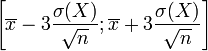 \left[\overline x - 3\frac{\sigma(X)}{\sqrt n}; \overline x + 3\frac{\sigma(X)}{\sqrt n}\right]