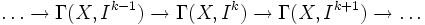 \dots\rightarrow \Gamma(X,I^{k-1})\rightarrow \Gamma(X,I^k)\rightarrow \Gamma(X,I^{k+1})\rightarrow \dots 