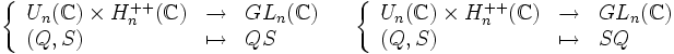  \left\{\begin{array}{lll}
U_n(\mathbb C)\times H_n^{++}(\mathbb C) &\to &GL_n(\mathbb C)\\
(Q,S) &\mapsto & QS
\end{array}\right.\quad
\left\{\begin{array}{lll}
U_n(\mathbb C)\times H_n^{++}(\mathbb C) &\to &GL_n(\mathbb C)\\
(Q,S) &\mapsto  & SQ
\end{array}\right.
