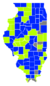 Les comtés en bleu sont remportés par Ford et les comtés vert par Duncan