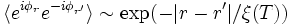 \langle e^{i \phi_r} e^{-i \phi_{r'}}\rangle \sim \exp(-|r-r'|/\xi(T))