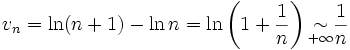 v_n = \ln(n+1)-\ln n = \ln \left(1+\frac{1}{n}\right)\underset{+\infty}{\sim} \frac {1}{n}