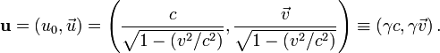 \mathbf{u} = (u_0, \vec{u}) = \left(\frac{c}{\sqrt{1 - (v^2/c^2)}}, \frac{\vec{v}}{\sqrt{1 - (v^2/c^2)}}\right)\equiv (\gamma c, \gamma\vec{v})\,.