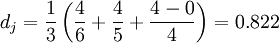 d_j = \frac{1}{3}\left(\frac{4}{6} + \frac{4}{5} + \frac{4-0}{4}\right) = 0.822