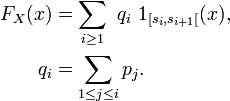 
\begin{align}
F_X(x)&=\sum_{i\ge 1}\ q_i\ 1_{[s_i,s_{i+1}[}(x),
\\
q_i&=\sum_{1\le j\le i}p_j.
\end{align}
