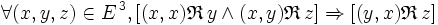  \forall ( x , y , z ) \in E^{\, 3} , [ ( x , x ) \mathfrak{R} \, y \wedge ( x , y ) \mathfrak{R} \, z ] \Rightarrow [ ( y , x ) \mathfrak{R} \, z ] \,