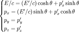\begin{cases}
E/c= (E'/c)\cosh \theta + p'_x \sinh \theta\\
p_x = (E'/c)\sinh\theta + p'_x \cosh\theta\\
p_y = p'_y\\
p_z =  p'_z
\end{cases}
