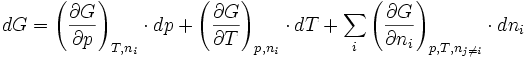 dG =\left (  \frac{\partial G}{\partial p} \right )_{T,n_i} \cdot dp + 
\left (  \frac{\partial G}{\partial T} \right )_{p,n_i} \cdot dT +
\sum_i \left (  \frac{\partial G}{\partial n_i} \right )_{p,T,n_{j\neq i}} \cdot dn_i