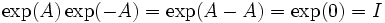 \exp(A)\exp(-A)=\exp(A-A)=\exp(0)=I \,