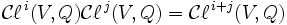 \mathcal{C}\ell^{\,i}(V,Q)\mathcal{C}\ell^{\,j}(V,Q) = \mathcal{C}\ell^{\,i+j}(V,Q)\,