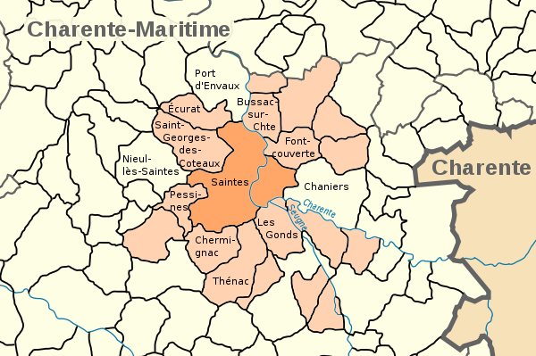 Carte représentant la commune de Saintes et ses communes limitrophes
