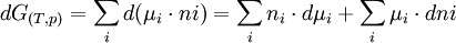 dG_{(T,p)} =\sum_i d(\mu_i\cdot ni) = \sum_i n_i \cdot d\mu_i + \sum_i \mu_i \cdot dni