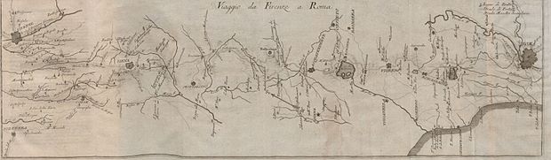 Cartographie d'un itinéraire de Florence à Rome en 1801