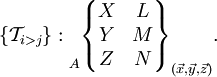 \{\mathcal{T}_{i>j}\} : \begin{matrix}
 \\
 \\
_A \\
\end{matrix}
\begin{Bmatrix}
X & L \\
Y & M \\
Z & N \\
\end{Bmatrix}_{(\vec{x},\vec{y},\vec{z})}\text{.}