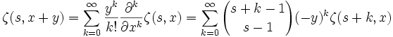 \zeta(s,x+y) = \sum_{k=0}^\infty \frac {y^k} {k!} 
\frac {\partial^k} {\partial x^k} \zeta (s,x) =
\sum_{k=0}^\infty {s+k-1 \choose s-1} (-y)^k \zeta (s+k,x)\,
