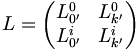 L=\left(\begin{matrix}
L_{0'}^{0}&L_{k'}^{0}\\L_{0'}^{i}&L_{k'}^{i}
\end{matrix}\right)