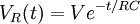 V_R(t) = Ve^{-t/RC}\,