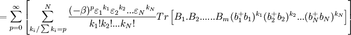 =\sum\limits_{p=0}^{\infty }\left[\sum\limits_{k_{i}/\sum k_{i}=p}^{N}\frac{(-\beta )^{p}\varepsilon _{1}{}^{k_{1}}\varepsilon_{2}{}^{k_{2}}...\varepsilon _{N}{}^{k_{N}}}{k_{1}!k_{2}!...k_{N}!} Tr\left[ B_{1}.B_{2}......B_{m}(b_{1}^{+}b_{1})^{k_{1}}(b_{2}^{+}b_{2})^{k_{2}}...(b_{N}^{+}b_{N})^{k_{N}}\right]
\right]
