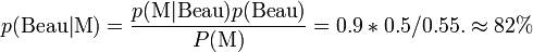 p(\mathrm{Beau|M})=\frac{p(\mathrm{M|Beau})p(\mathrm{Beau})}{P(\mathrm{M})}=0.9*0.5/0.55.\approx 82%