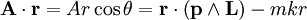 
\mathbf{A} \cdot \mathbf{r} = Ar \cos\theta = 
\mathbf{r} \cdot \left( \mathbf{p} \wedge \mathbf{L} \right) - mkr
