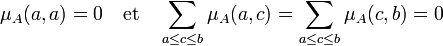 \mu_A(a,a)=0 \quad\text{et}\quad \sum_{a\le c\le b} \mu_A(a,c) = \sum_{a\le c\le b} \mu_A(c,b)=0