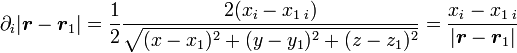 \partial_i |{\boldsymbol{r}} - {\boldsymbol{r}}_1| = \frac{1}{2} \frac{2 (x_i - x_{1\;i})}{\sqrt{(x-x_1)^2 + (y - y_1)^2 + (z - z_1)^2}} = \frac{x_i - x_{1\;i}}{|{\boldsymbol{r}} - {\boldsymbol{r}}_1|}
