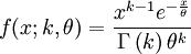 f(x;k,\theta) = \frac{{x^{k  - 1}  e^{ - \frac{x}{\theta }} }}{{\Gamma \left( k  \right)  \theta ^k  }}
