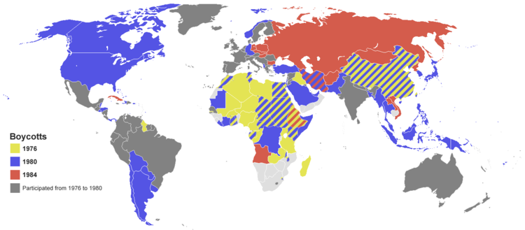 Carte des oays qui ont boycotté des Jeux olympiques entre 1976 et 1984