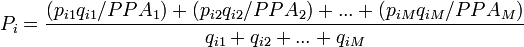 P_i = \frac{ ( p_{i1} q_{i1} / PPA_1 ) + ( p_{i2} q_{i2} / PPA_2 ) + ... + (p_{iM} q_{iM} / PPA_M ) }{q_{i1} + q_{i2} + ... + q_{iM} }
